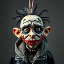 Create a puppet inspired by Russian rapper Kizaru, styled in the distinctive Tim Burton film aesthetic