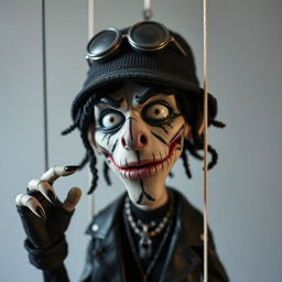 Create a puppet inspired by Russian rapper Kizaru, styled in the distinctive Tim Burton film aesthetic