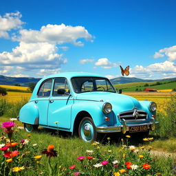 A vintage Citroën Dyane car parked in a scenic countryside setting, surrounded by lush green fields and vibrant wildflowers