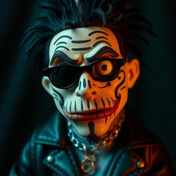 Create a puppet inspired by Russian rapper Kizaru, styled in the distinctive Tim Burton film aesthetic