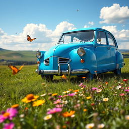 A vintage Citroën Dyane car parked in a scenic countryside setting, surrounded by lush green fields and vibrant wildflowers