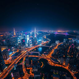 A breathtaking aerial view of a vibrant cityscape at night, showcasing the dazzling lights of skyscrapers and bustling streets below