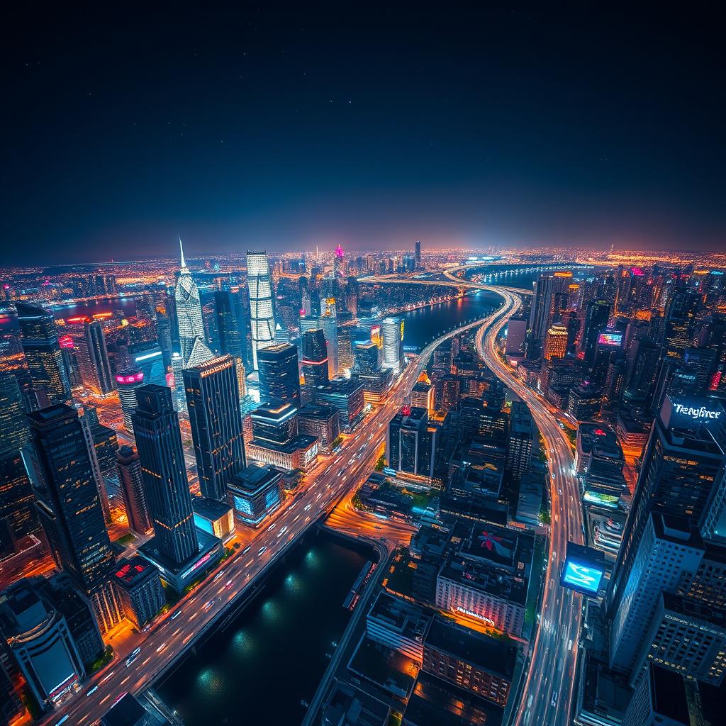 A breathtaking aerial view of a vibrant cityscape at night, showcasing the dazzling lights of skyscrapers and bustling streets below