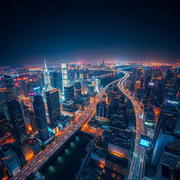 A breathtaking aerial view of a vibrant cityscape at night, showcasing the dazzling lights of skyscrapers and bustling streets below