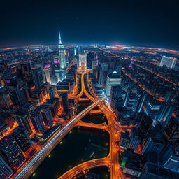 A breathtaking aerial view of a vibrant cityscape at night, showcasing the dazzling lights of skyscrapers and bustling streets below