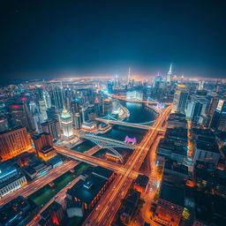 A breathtaking aerial view of a vibrant cityscape at night, showcasing the dazzling lights of skyscrapers and bustling streets below