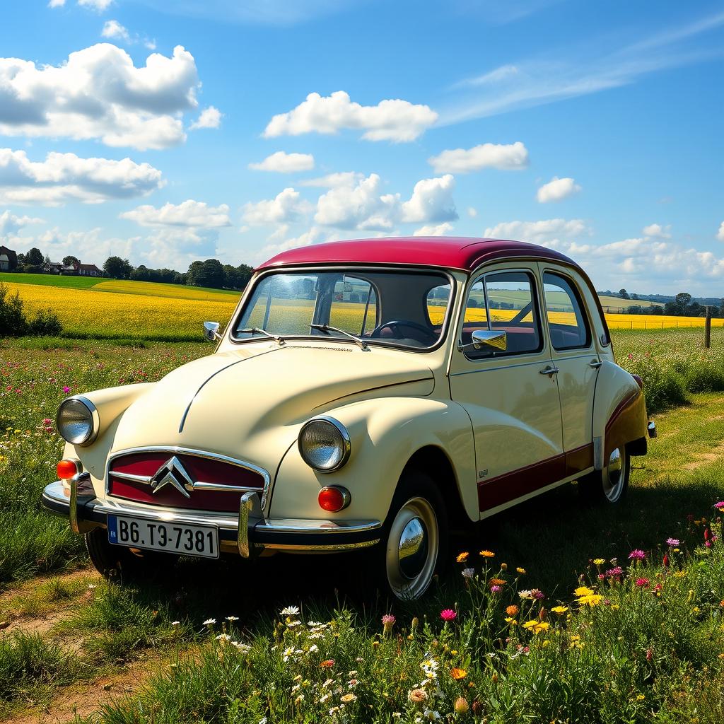 A vintage Citroën Dyane car with a stylish two-tone color scheme, showcasing a cream body with a burgundy roof and accents