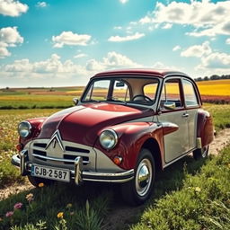 A vintage Citroën Dyane car with a stylish two-tone color scheme, showcasing a cream body with a burgundy roof and accents