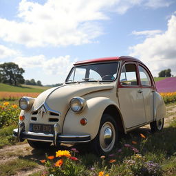 A vintage Citroën Dyane car with a stylish two-tone color scheme, showcasing a cream body with a burgundy roof and accents