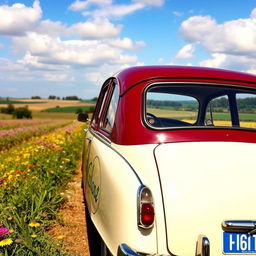 A vintage Citroën Dyane car with a stylish two-tone color scheme, showcasing a cream body with a burgundy roof and accents