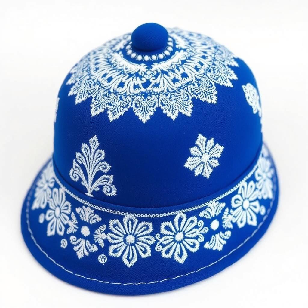 a blue hat with intricate white embroidery patterns beautifully displayed across the crown and brim, showcasing elegant and detailed craftsmanship, with floral and geometric motifs adding sophistication and charm to the design