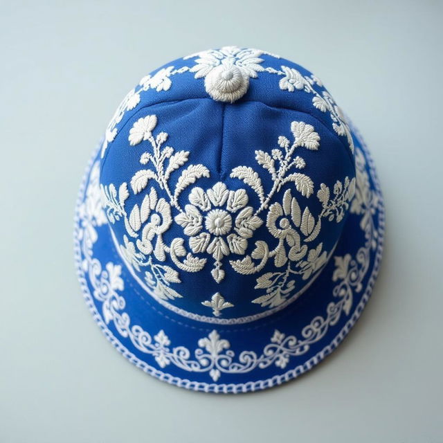 a blue hat with intricate white embroidery patterns beautifully displayed across the crown and brim, showcasing elegant and detailed craftsmanship, with floral and geometric motifs adding sophistication and charm to the design