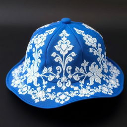 a blue hat with intricate white embroidery patterns beautifully displayed across the crown and brim, showcasing elegant and detailed craftsmanship, with floral and geometric motifs adding sophistication and charm to the design