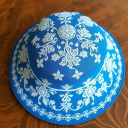 a blue hat with intricate white embroidery patterns beautifully displayed across the crown and brim, showcasing elegant and detailed craftsmanship, with floral and geometric motifs adding sophistication and charm to the design