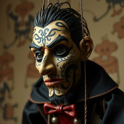 Create a puppet inspired by Russian rapper Kizaru in the style of Guillermo del Toro's Pinocchio film