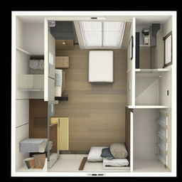 A 13ft x 8ft bedroom layout, thoughtfully arranged to optimize functionality and comfort, taking into consideration the limited space. It features a bed, wardrobe, and a small seating area.