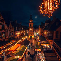 An enchanting aerial view of an old marketplace at night, capturing the charm of historical architecture lit by warm, ambient lighting