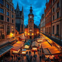 An enchanting aerial view of an old marketplace at night, capturing the charm of historical architecture lit by warm, ambient lighting