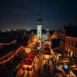 An enchanting aerial view of an old marketplace at night, capturing the charm of historical architecture lit by warm, ambient lighting