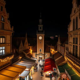 An enchanting aerial view of an old marketplace at night, capturing the charm of historical architecture lit by warm, ambient lighting