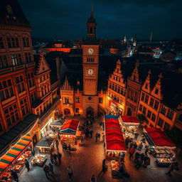 A captivating aerial view of an old marketplace at night, illuminated by warm, glowing lights