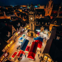 A captivating aerial view of an old marketplace at night, illuminated by warm, glowing lights