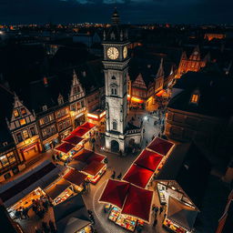 A captivating aerial view of an old marketplace at night, illuminated by warm, glowing lights