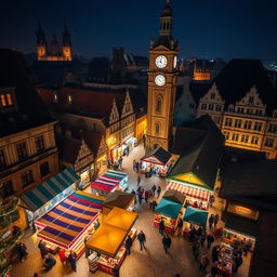 A captivating aerial view of an old marketplace at night, illuminated by warm, glowing lights