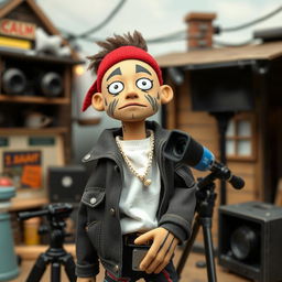 Create a full-sized stop-motion puppet inspired by Russian rapper Kizaru, designed in the style of the 'Peter and the Wolf' stop-motion film