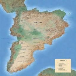 A detailed map of Venezuela with each state clearly outlined, each state is labeled and defined with its main geographical features such as mountains, rivers, forests, and coastal areas.