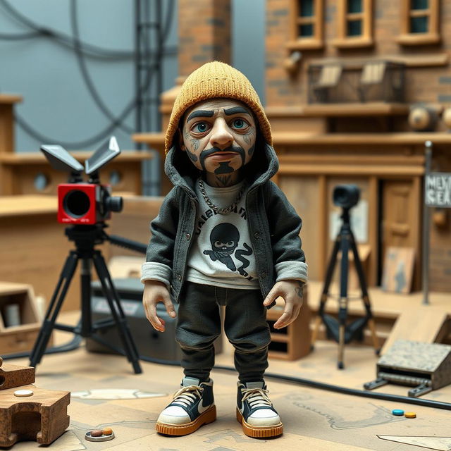 Create a full-sized stop-motion puppet inspired by Russian rapper Kizaru, designed in the style of the 'Peter and the Wolf' stop-motion film