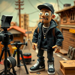 Create a full-sized stop-motion puppet inspired by Russian rapper Kizaru, designed in the style of the 'Peter and the Wolf' stop-motion film