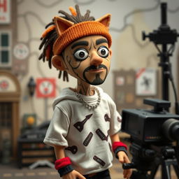 Create a full-sized stop-motion puppet inspired by Russian rapper Kizaru, designed in the style of the 'Peter and the Wolf' stop-motion film