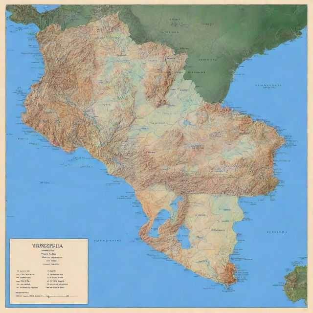 A detailed map of Venezuela with each state clearly outlined, each state is labeled and defined with its main geographical features such as mountains, rivers, forests, and coastal areas.