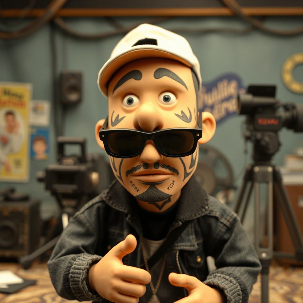 Create a full-sized stop-motion puppet inspired by Russian rapper Kizaru, designed in the style of the 'Peter and the Wolf' stop-motion film