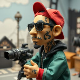 Create a full-sized stop-motion puppet inspired by Russian rapper Kizaru, designed in the style of the 'Peter and the Wolf' stop-motion film