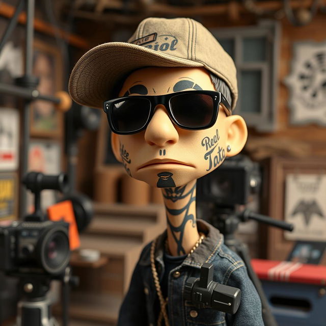 Create a full-sized stop-motion puppet inspired by Russian rapper Kizaru, designed in the style of the 'Peter and the Wolf' stop-motion film