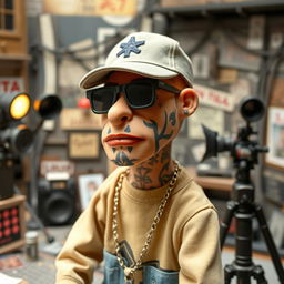 Create a full-sized stop-motion puppet inspired by Russian rapper Kizaru, designed in the style of the 'Peter and the Wolf' stop-motion film