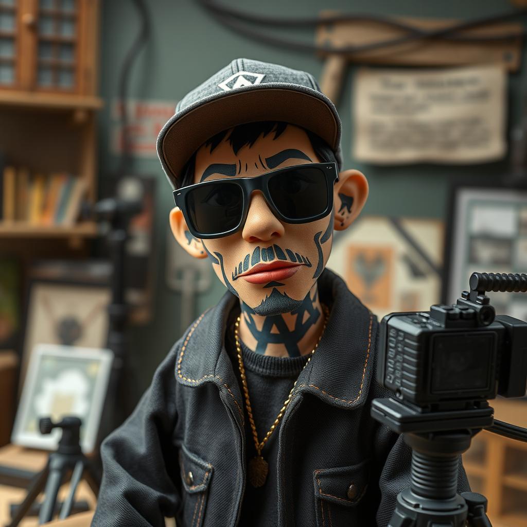 Create a full-sized stop-motion puppet inspired by Russian rapper Kizaru, designed in the style of the 'Peter and the Wolf' stop-motion film