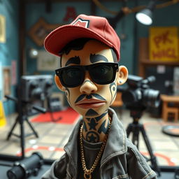 Create a full-sized stop-motion puppet inspired by Russian rapper Kizaru, designed in the style of the 'Peter and the Wolf' stop-motion film