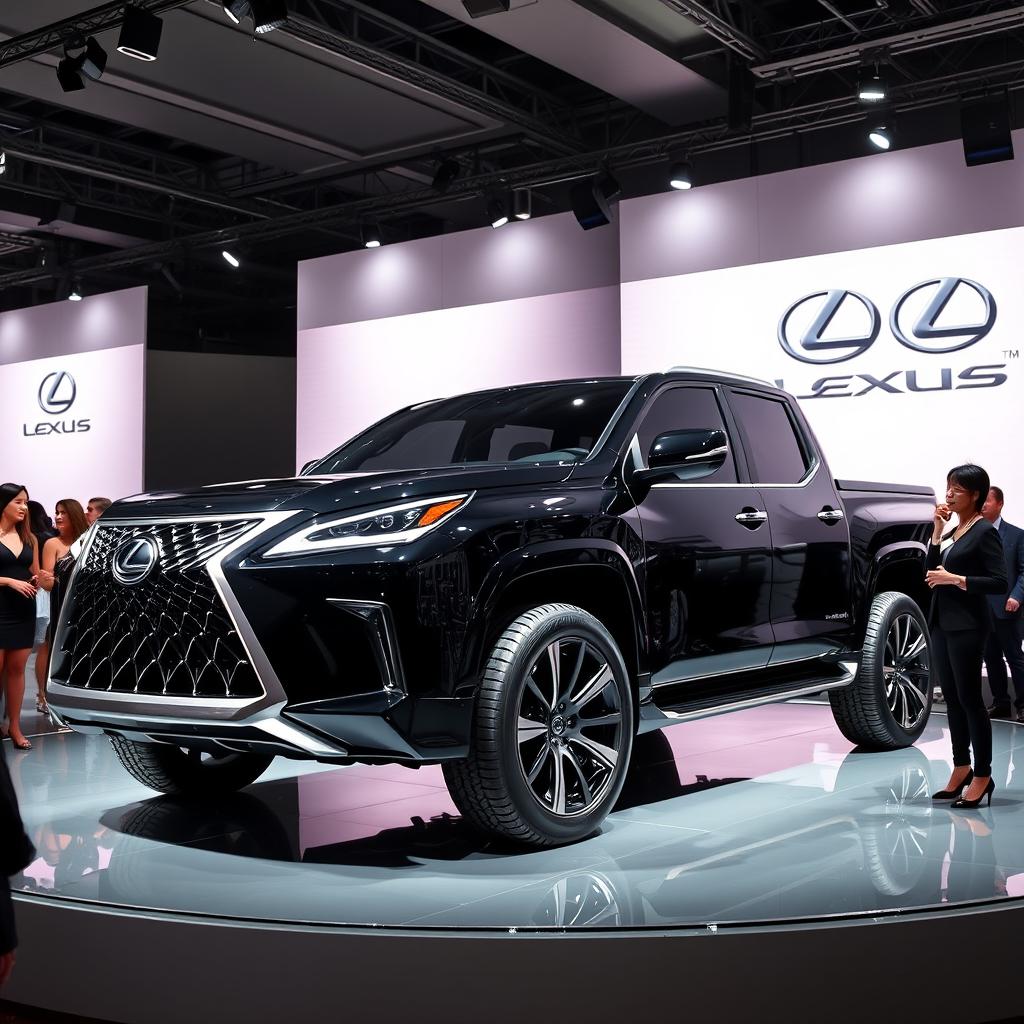 A futuristic 2025 Lexus GX pickup truck displayed at an elegant car presentation event