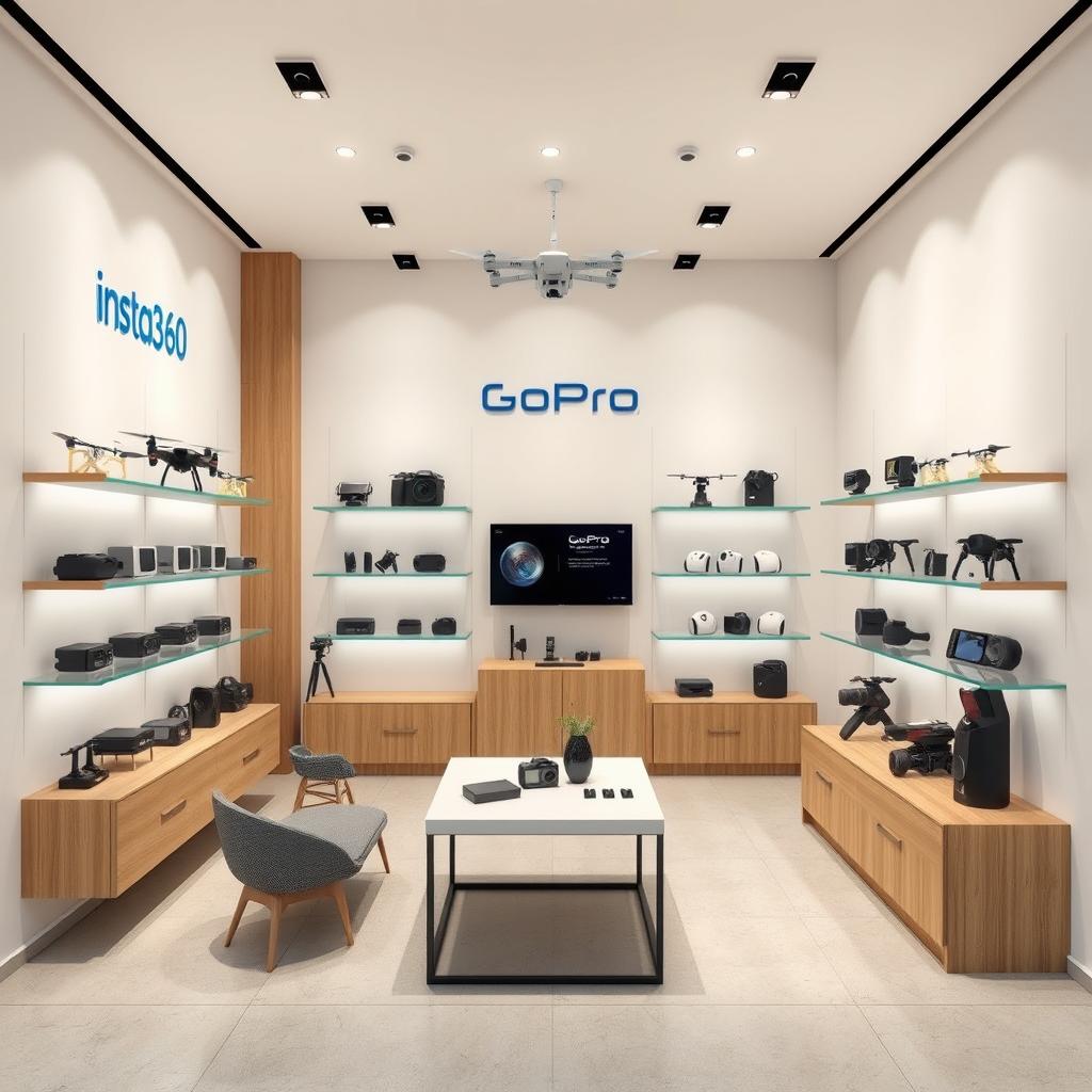 A simple retail store design covering an area of 32 square meters, dedicated to selling drones, GoPro cameras, and insta360 devices