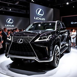 A futuristic 2025 Lexus GX pickup truck displayed at an elegant car presentation event