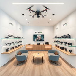 A simple retail store design covering an area of 32 square meters, dedicated to selling drones, GoPro cameras, and insta360 devices