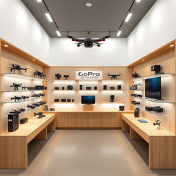 A simple retail store design covering an area of 32 square meters, dedicated to selling drones, GoPro cameras, and insta360 devices