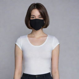 A girl with short hair, wearing a black mask, standing at 163cm tall with an average weight.