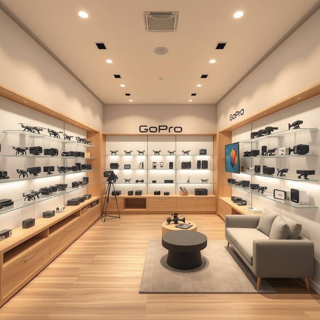 A simple retail store design covering an area of 32 square meters, dedicated to selling drones, GoPro cameras, and insta360 devices