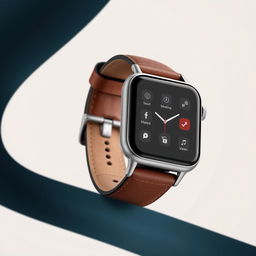 A sleek smartwatch with an innovative design, featuring a luxurious leather strap and a subtly integrated emergency button, set against a neutral background