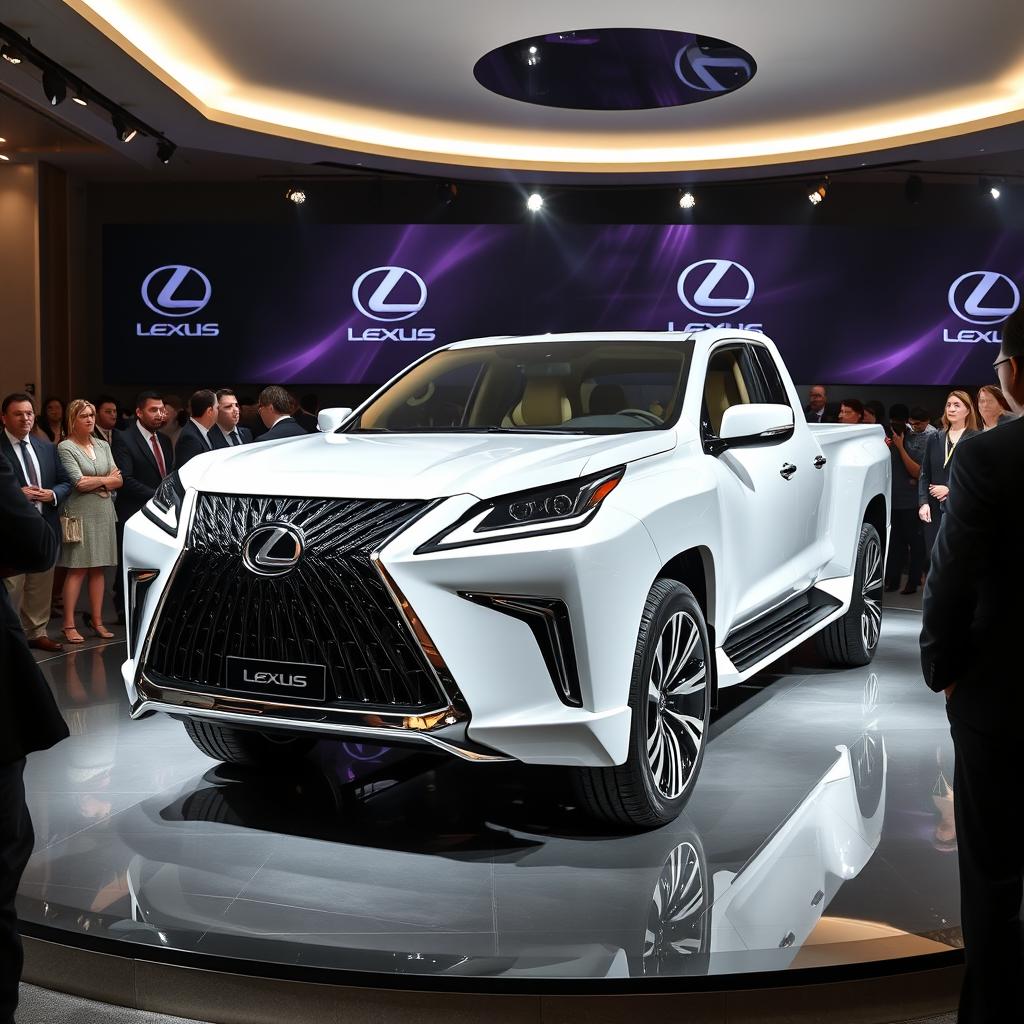 A futuristic 2025 Lexus GX pickup truck displayed at an elegant car presentation event