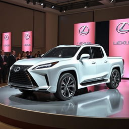 A futuristic 2025 Lexus GX pickup truck displayed at an elegant car presentation event